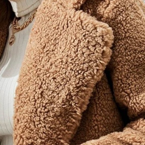 KHAKI OPEN FRONT TEDDY COAT FALL WINTER CONTEMPORARY CHIC STREETWEAR - Picture 6 of 7